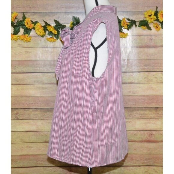 Retrolicious Womens 1X Red & White Gingham Stripe Sleeveless Blouse Top Bow Neck - Picture 4 of 12